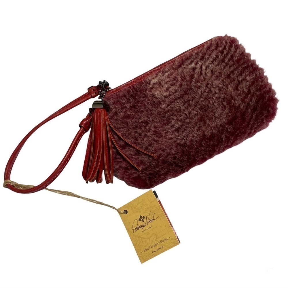 Patricia Nash Laser Cut Sherpa & Leather Wristlet In Berry Red